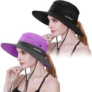 Women's Purple & Black Set Of 2 Wide Brim Mesh Boonie With Chin Strap Cowboy Hat